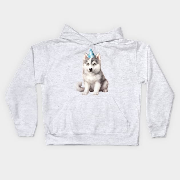 Birthday Siberian Husky Dog Kids Hoodie by Chromatic Fusion Studio